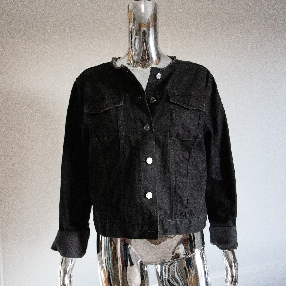 Collar-less Cropped Black Denim Jacket